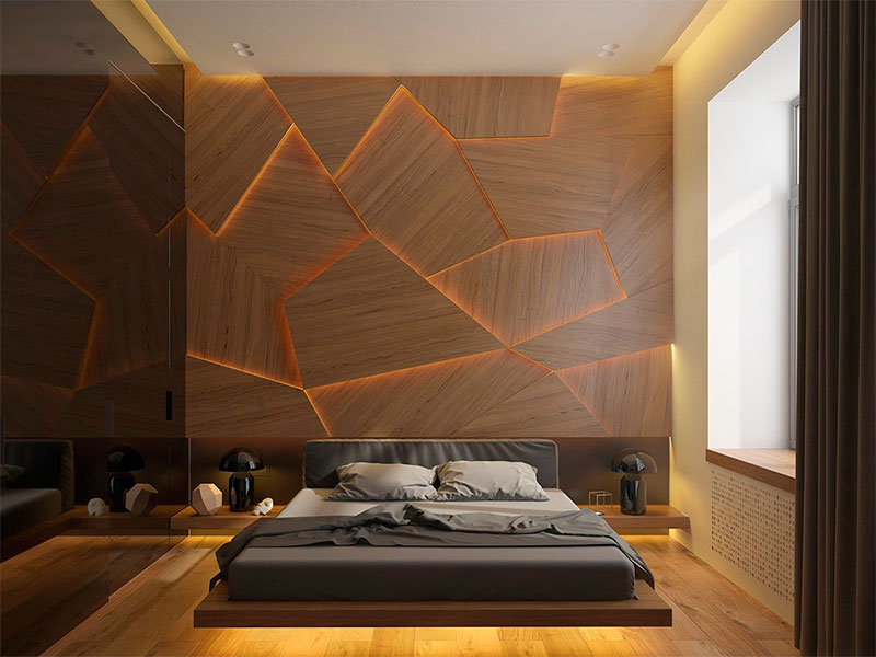 Дизайн спальни стены из дерева